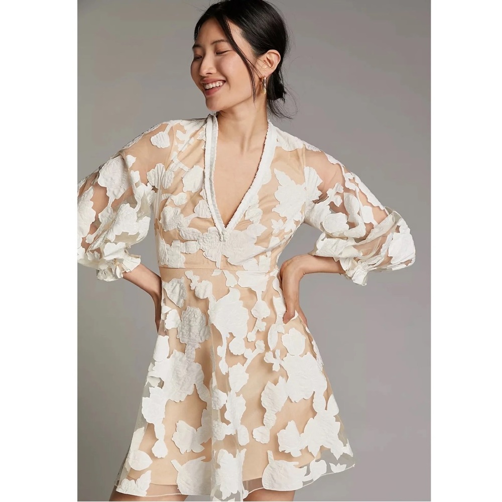 GEISHA DESIGNS x ANTHROPOLOGIE Loren Appliquéd Tulle Mini Dress - White